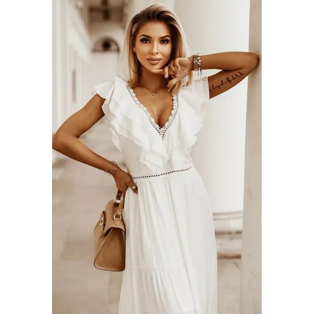 Plus Size White Ruffle V Neck Maxi Dress - Picture 4 of 6